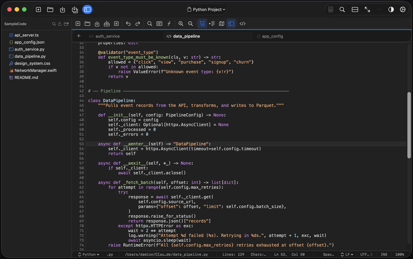 Tab.Noted File Browser sidebar showing a project tree
