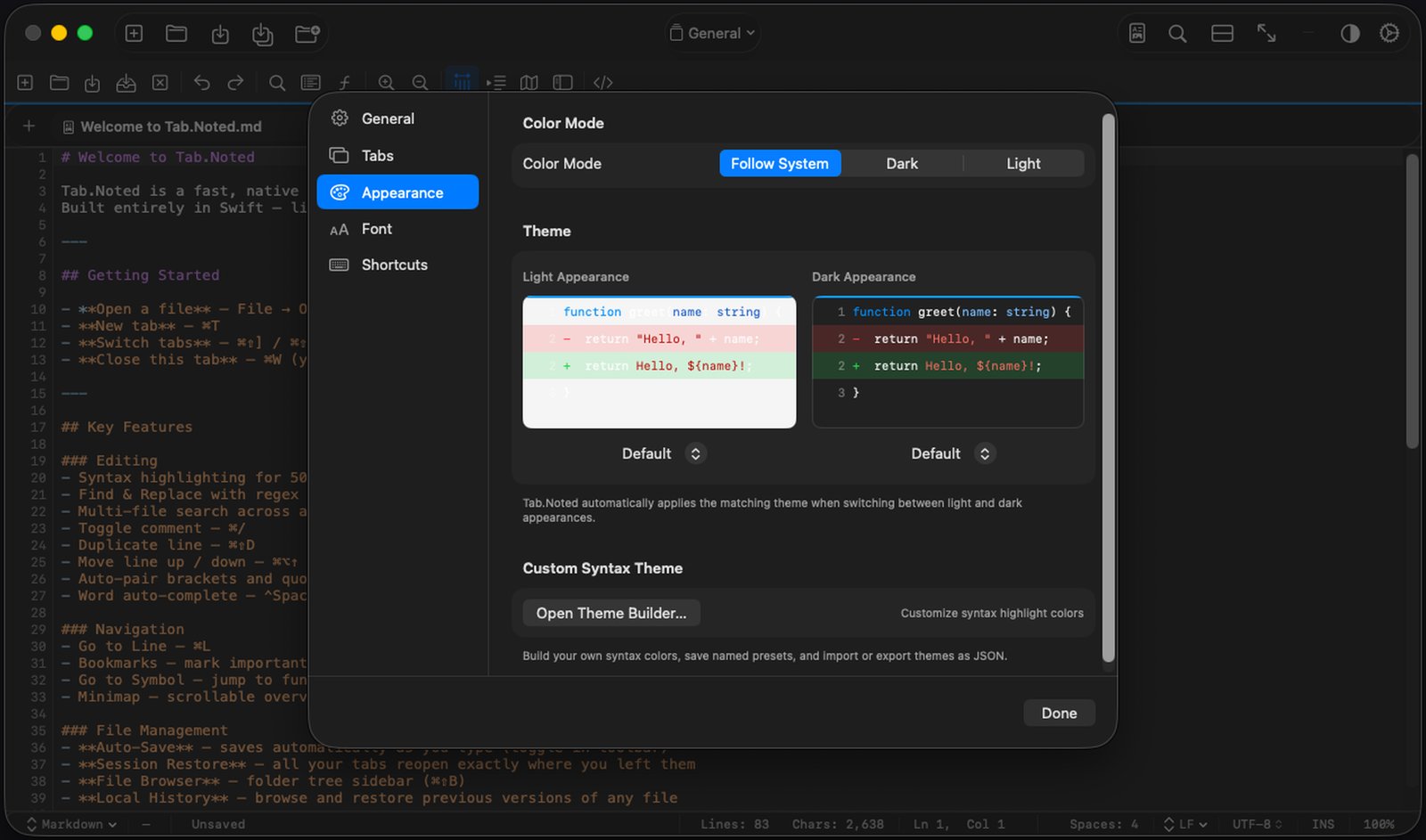 Tab.Noted Appearance settings with a custom theme builder